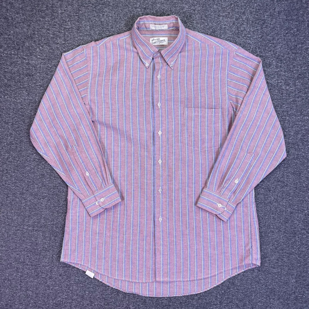 Sears Roebuck Button Down Mens 16.5x32/33 Burgundy Blue Stripe Oxford Casual USA